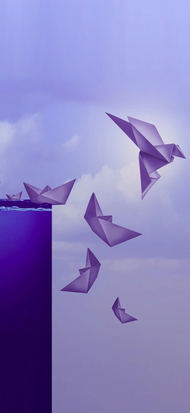 Des bateaux de papier, l'un d'eux se transforme en oiseau origami, illustrant la capacité à s'adapter.